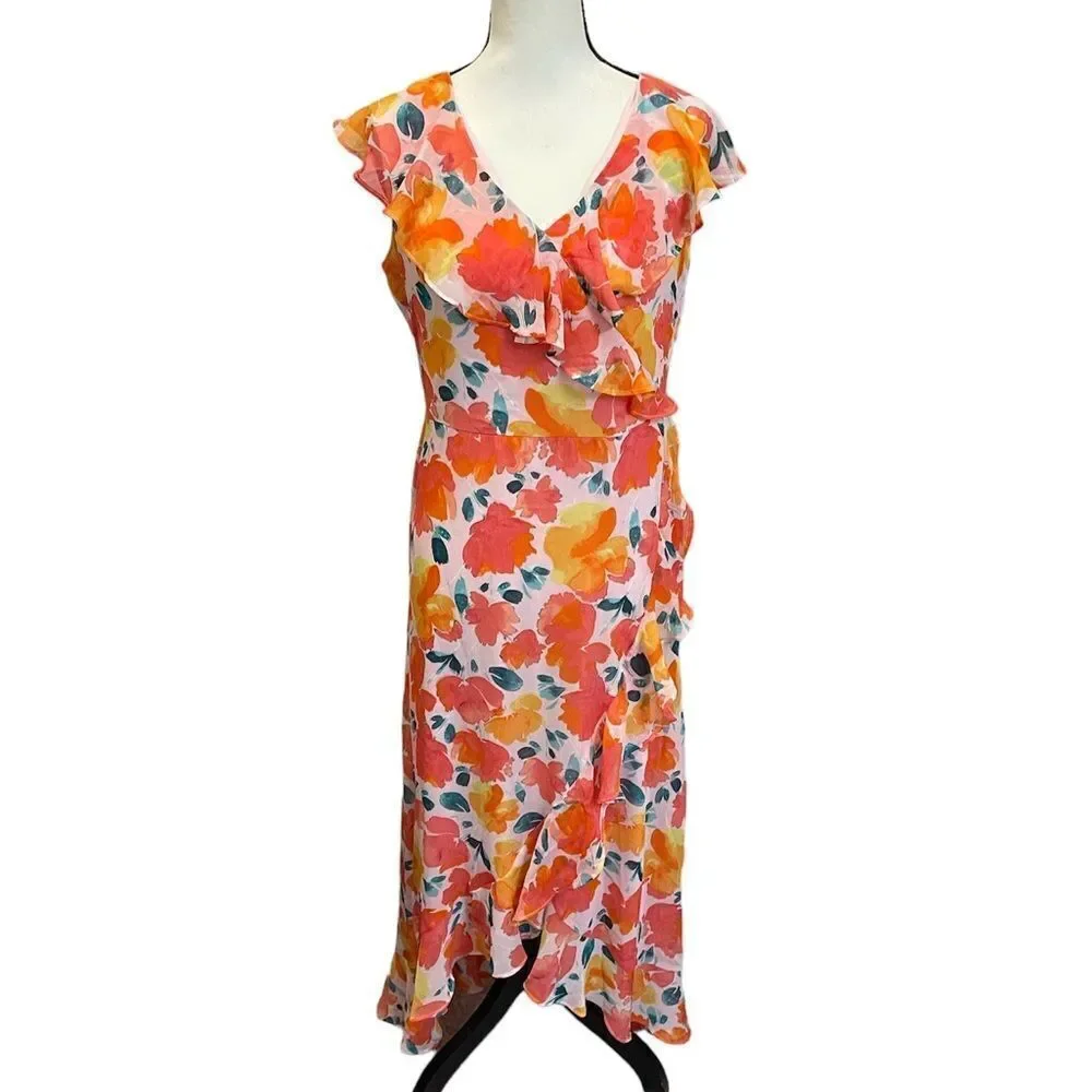 London Times Chiffon Faux Wrap Ruffle Maxi Dress Guest of Wedding size 12